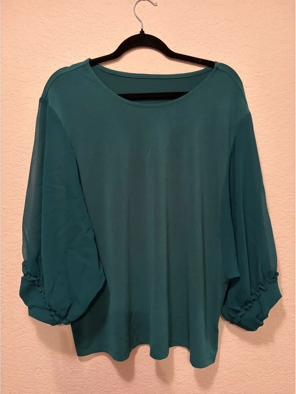 Plus Size Teal Blue Sheer Sleeve Blouse with Ruffle Cuffs - Picture 2 of 4